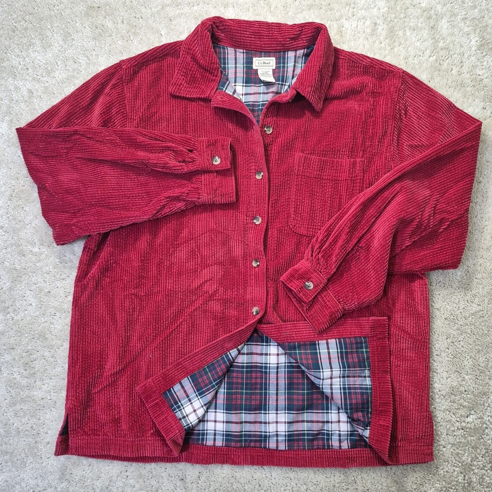 LL Bean Lined Corduroy Shirt Womens Large Red Button Up Wide Wale Outdoor Work